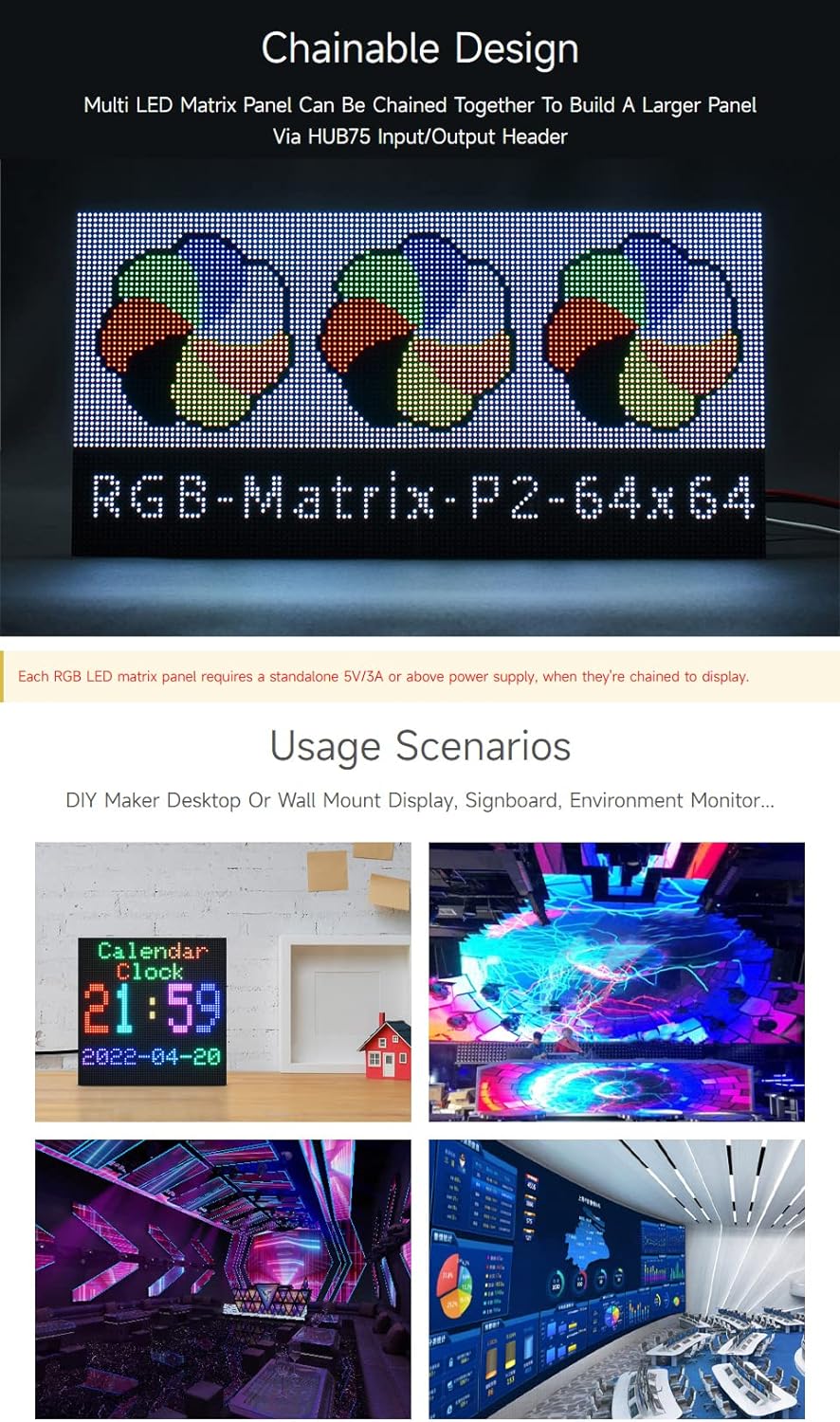 Waveshare RGB Full-Color LED Matrix Panel 2mm Pitch 64x64 Pixels Adjustable Brightness Compatible wi