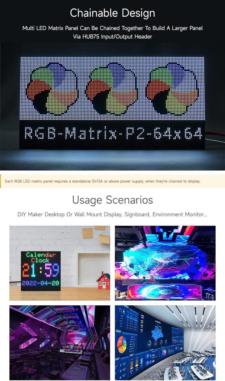 Waveshare RGB Full-Color LED Matrix Panel 2mm Pitch 64x64 Pixels Adjustable Brightness Compatible wi