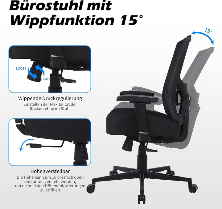 Blue Whale Bürostuhl 200KG Ergonomischer Schreibtischstuhl mit Verstellbaren Armlehnen Hoher Rücken