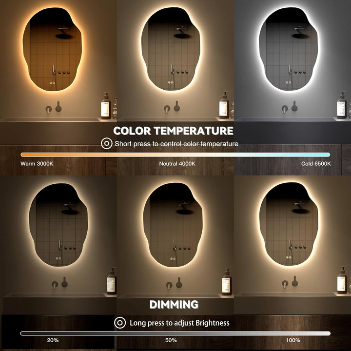 Dripex Badezimmerspiegel Led Badspiegel, Asymmetrisch, Touch-Schalter, Dimmbar, 3 Lichtfarbe Einstel