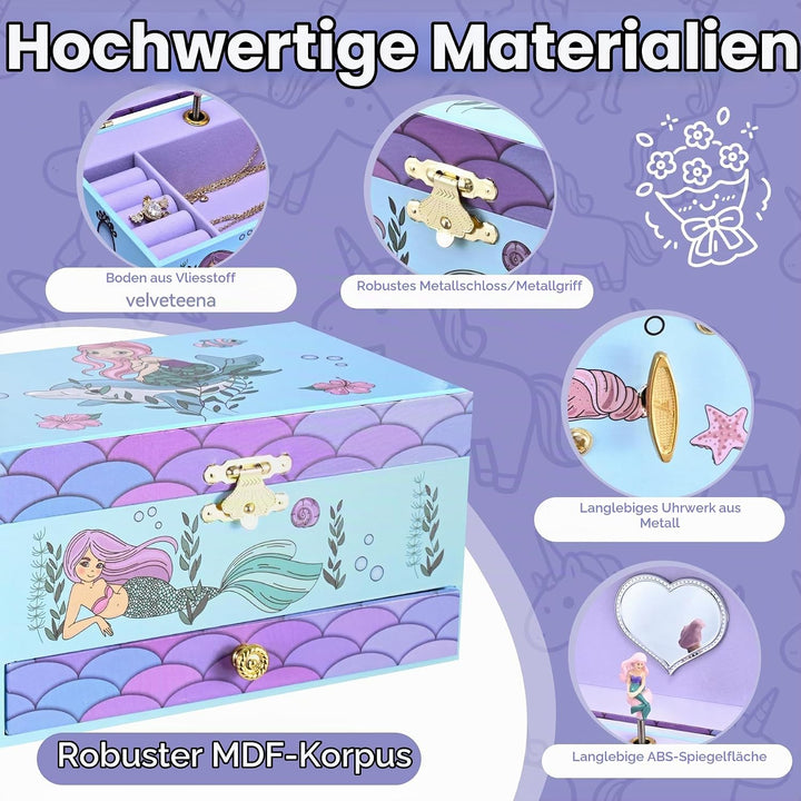 Meerjungfrau Schmuckkästchen Kinder mit Spieluhr für Mädchen,Schmuckschatulle mit drehendem und Spie