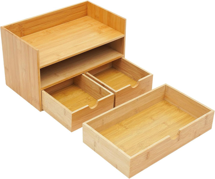 Bambus Schreibtisch Organizer mit 3 Schubladen, Mini Aufbewahrungsbox für Schublade & Tisch, Büro Ha