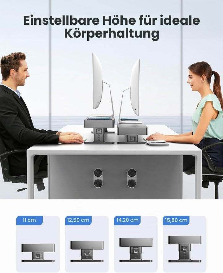 meatanty Höhenverstellbarer Dual Monitor Stand mit Smart Hub, 15W Wireless Charging, 4×USB-3.0, Zwei
