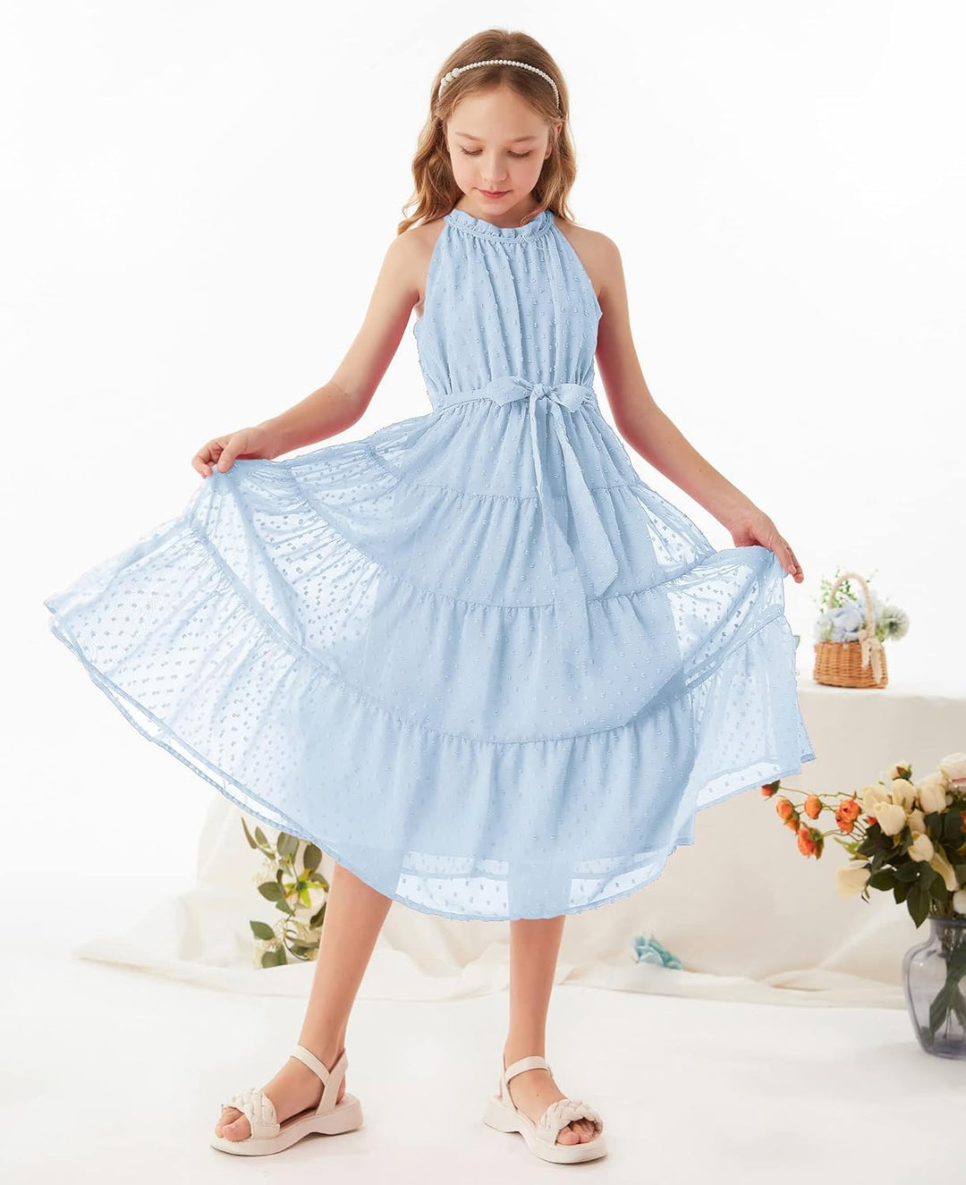 GRACE KARIN Mädchen Prinzessin Kleider Neckholder Swiss Dot Kleid A-Linie Maxikleid Casual Party Fes