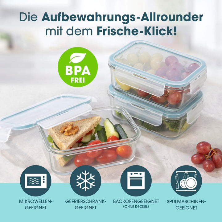 GOURMETmaxx Glas-Frischhaltedosen Klick-It 3 Dosen 725ml | Als Brotdose oder für Meal Prep | Spülmas