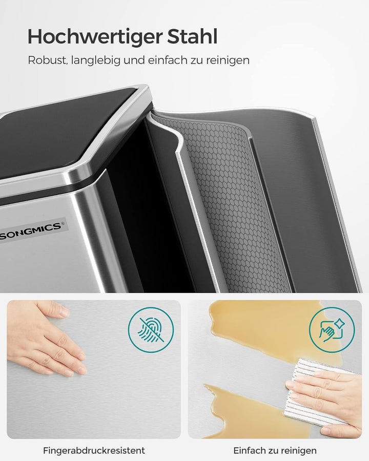 SONGMICS Mülleimer Küche, 2 x 15 L, Mülltrennsystem, Abfalleimer aus Metall, Treteimer mit Inneneime