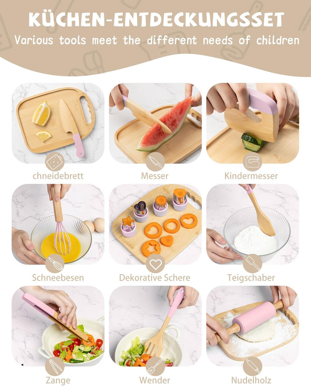 Kindermesser Set – 29-teilig mit sicherem Kiddikutter, Holzmesser Schneidebrett – Montessori Küchens