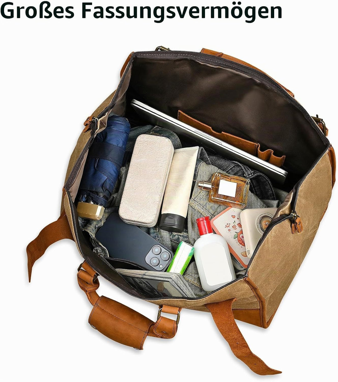 Wasserabweisend Canvas Crazy Horse Leder Reisetasche 35L Trim Unisex Handgepäck Weekender Tasche Spo