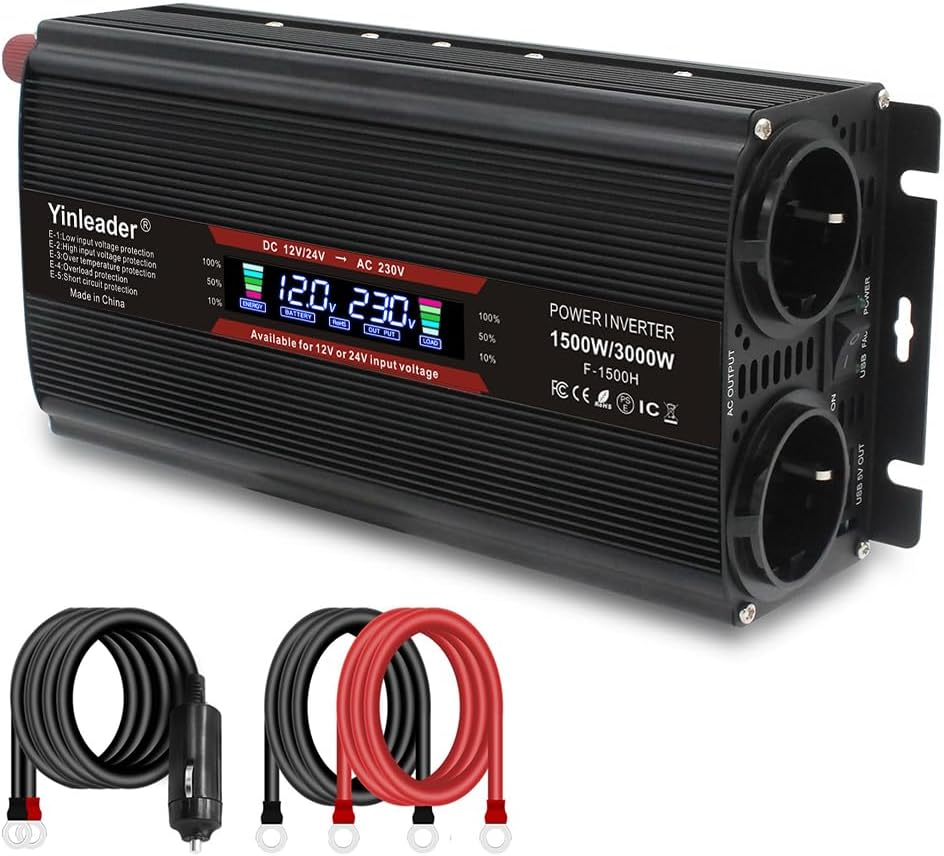Yinleader 1500W /3000W 12V/24V auf 230V Wechselrichter Big LCD 2 EU Steckdosen 1 USB Spannungswandle