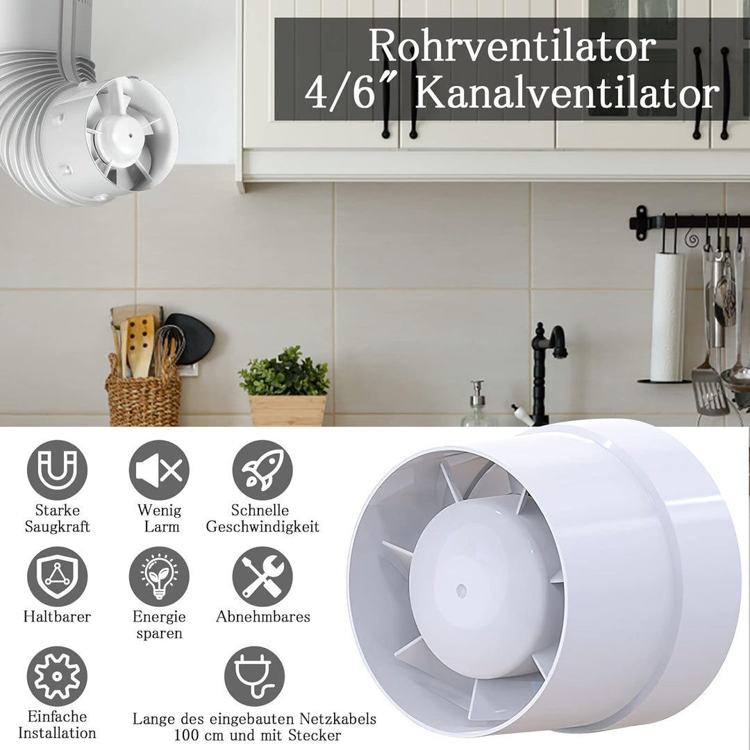 Kanal Rohrventilator 100mm Inline Abluftventilator, 107m³/h, Hohe Qualität, Leise, Rauchabzug Kanalv