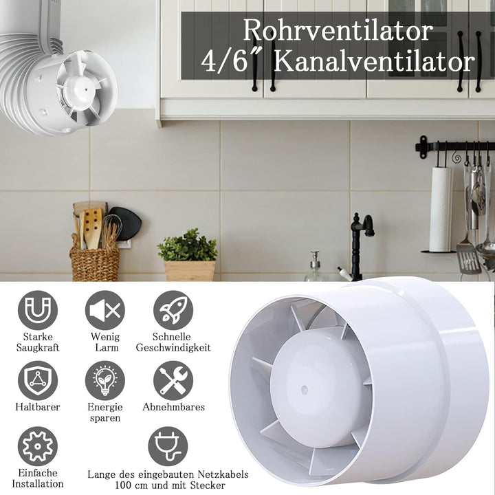 Kanal Rohrventilator 100mm Inline Abluftventilator, 107m³/h, Hohe Qualität, Leise, Rauchabzug Kanalv