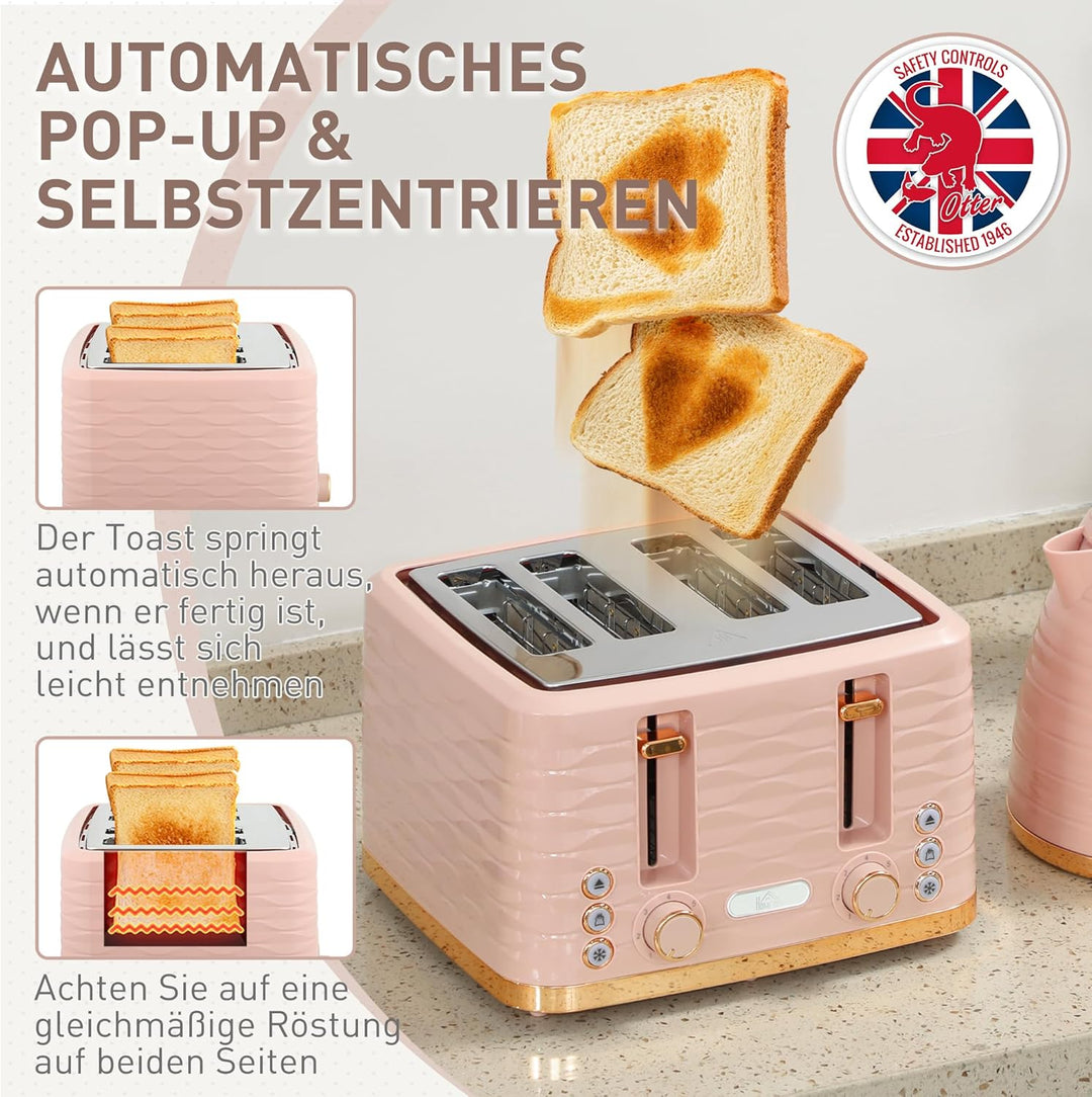 HOMCOM Wasserkocher Toaster Set Frühstück-Set mit 1,7L Wasserkocher, 4 Scheiben Toaster, 2200 W, 7 B