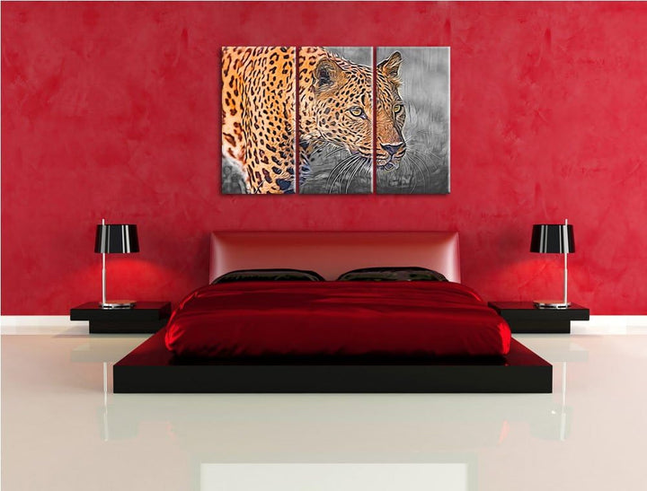 schleichender Leopard schwarz/weiss Deluxe 3-Teiler Leinwandbild 120x80 Bild auf Leinwand, XXL riesi