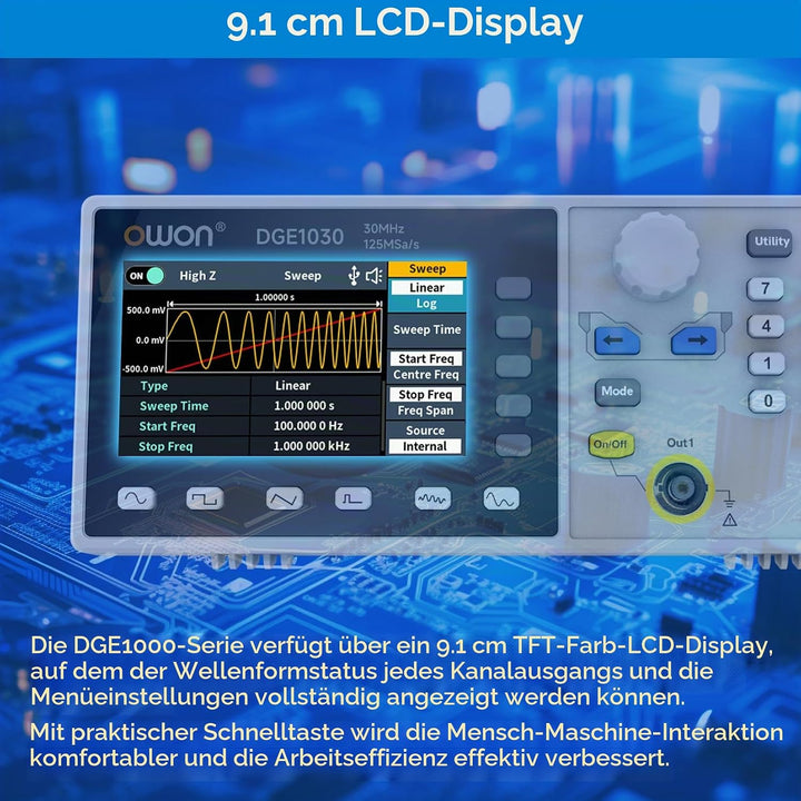 OWON DGE1030 Signalgenerator - Ein-Kanal Funktionsgenerator, 30 MHz Frequenzausgabe, 125 MSa/s Abtas