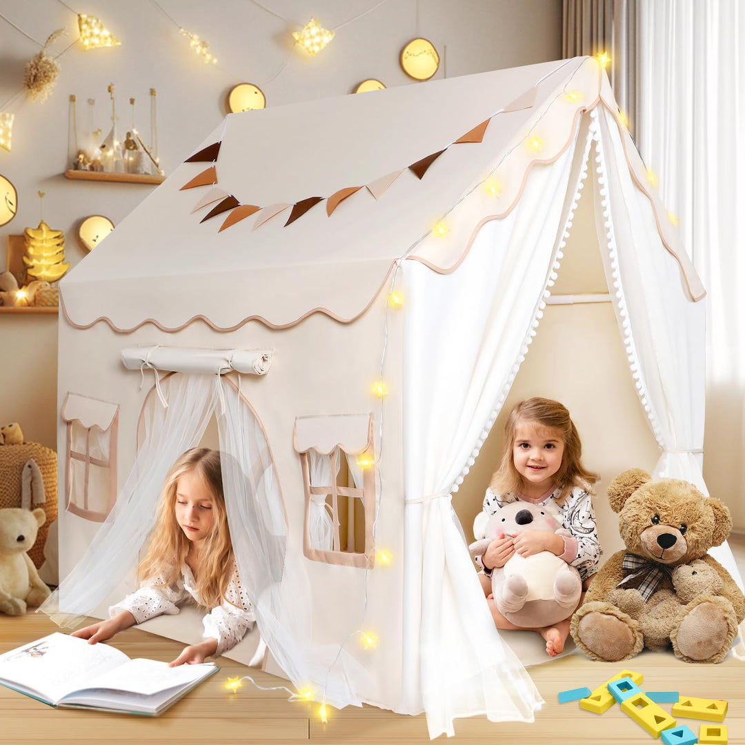 JONRRYIN Kinderzelt mit 2 Eingängen, Spielzelt Kinder Indoor mit Lichtern und Zeltunterlage, Spielha