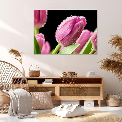 Bilder auf Leinwand 100x70cm Leinwandbild mit Rahmen Tulpe Blumen Tau Gross Wanddeko Bild Schlafzimm