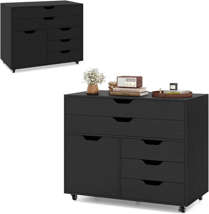 KOMFOTTEU Aktenschrank mit Rollen, Bürocontainer mit 5 Schubladen & 1 Schrank, Rollcontainer Schubla