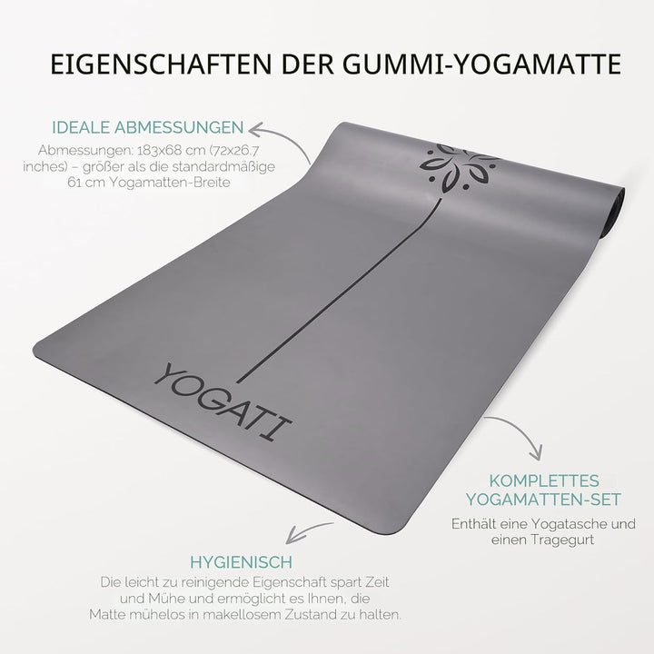 YOGATI® Yogamatte rutschfest Naturkautschuk mit Tasche - Yoga Matte gross mit Markierung, Sportmatte