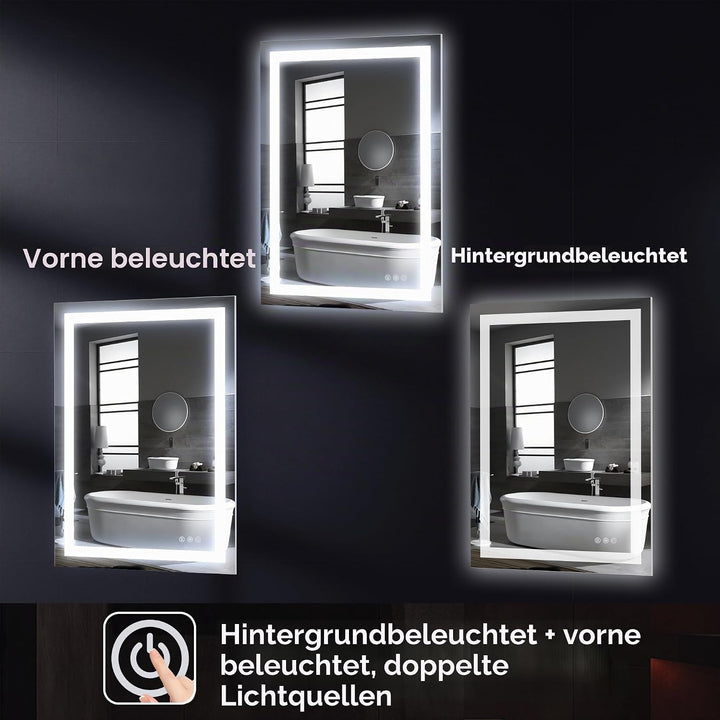 Antok 80x60cm LED Badezimmerspiegel mit Beleuchtung, dimmbarer beschlagfreier Smart-Spiegel mit 3 Fa