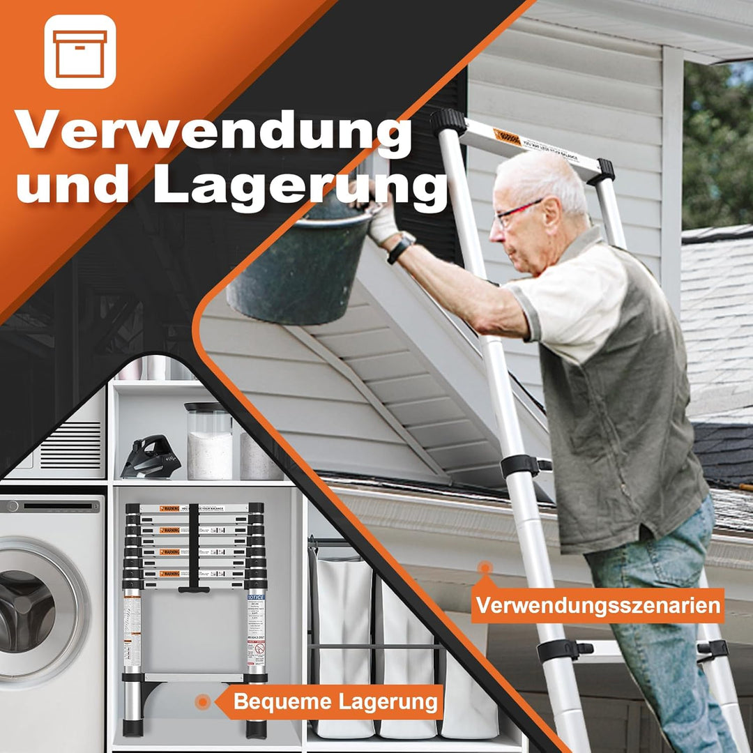 2,6m Teleskopleiter mit rutschfesten Füssen, HBTower Leichte Ausziehleiter, Leiter Ausziehbar, klapp