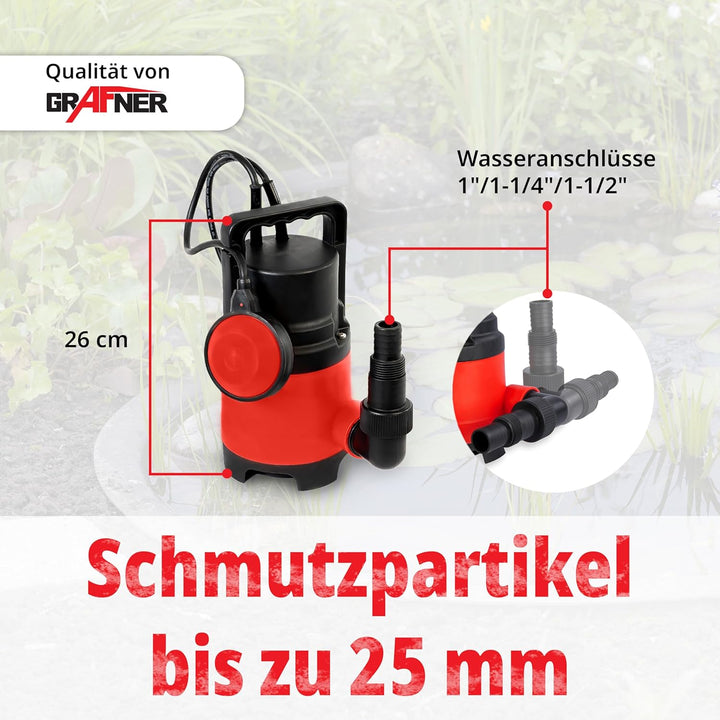 Grafner Schmutzwasserpumpe 400 Watt bis 8000 l/h Förderleistung, Ø25mm Fremdkörper, Schwimmschalter,