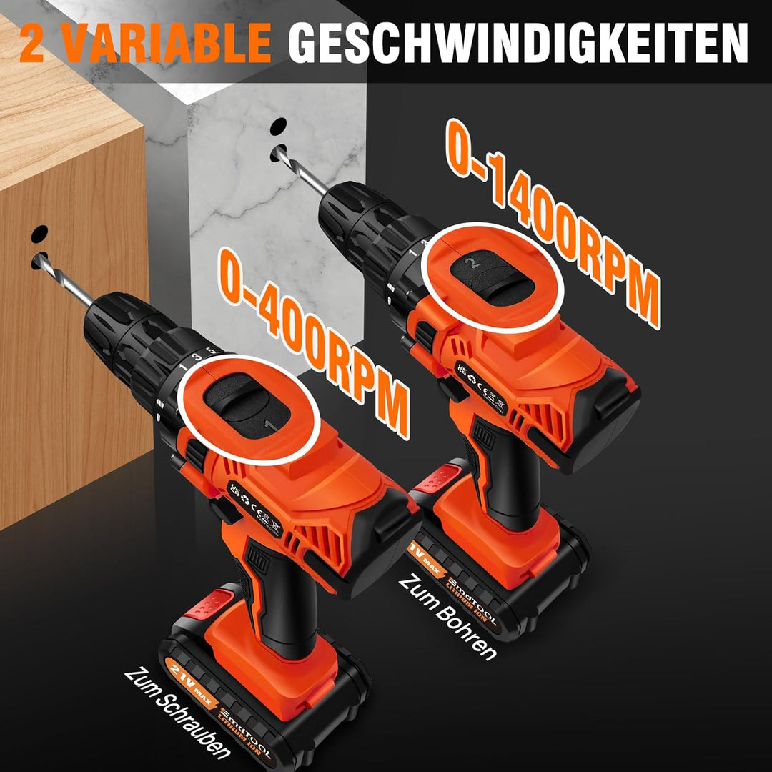 21V Akkuschrauber Set, 45NM Max Akku bohrschrauber mit 2x2000mAh Akkus und Ladegerät, 25+1 Drehmomen