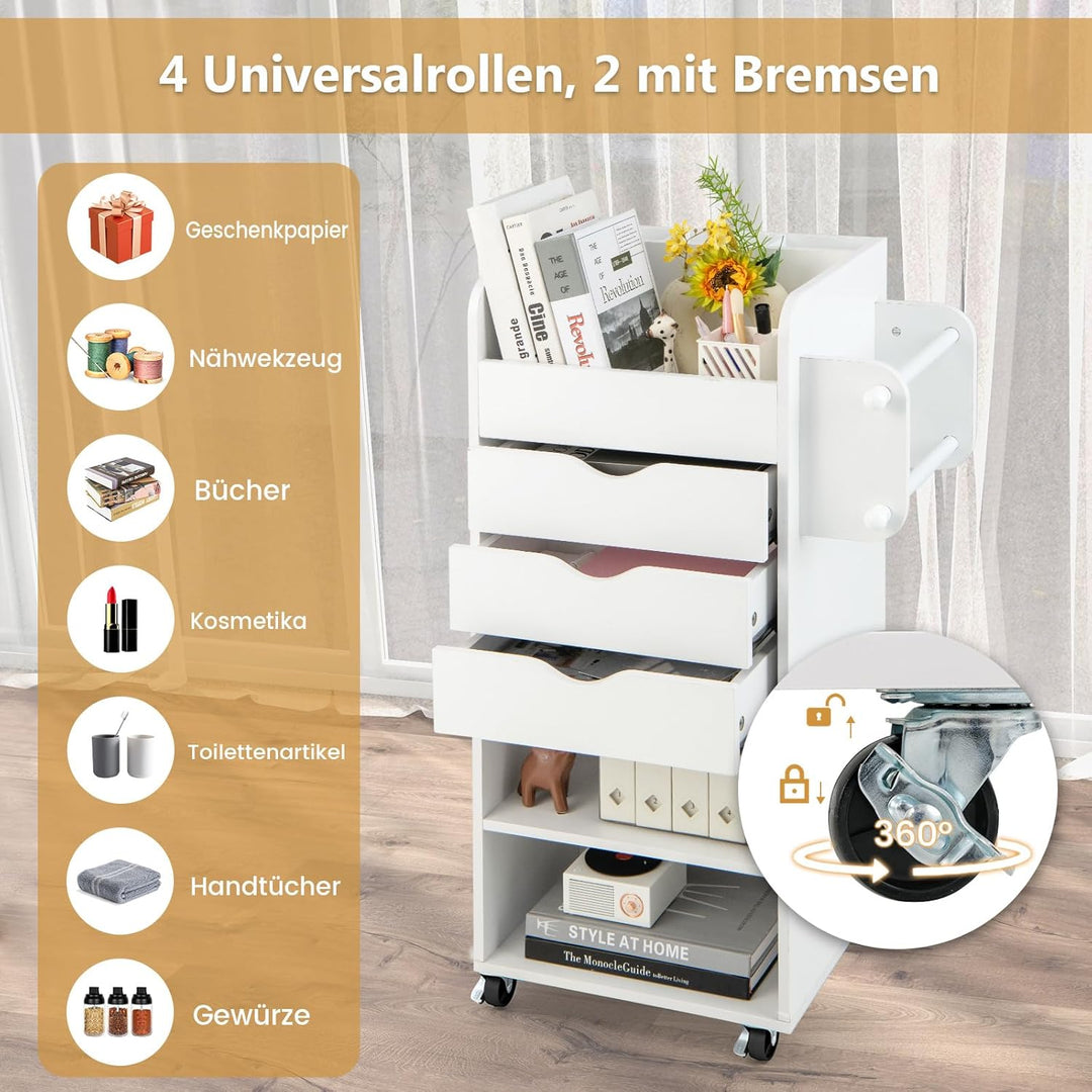 COSTWAY Rollcontainer mit 3 Schubladen, Bastelwagen mit 2 Rollstangen & 3 Fächern, Schubladenschrank