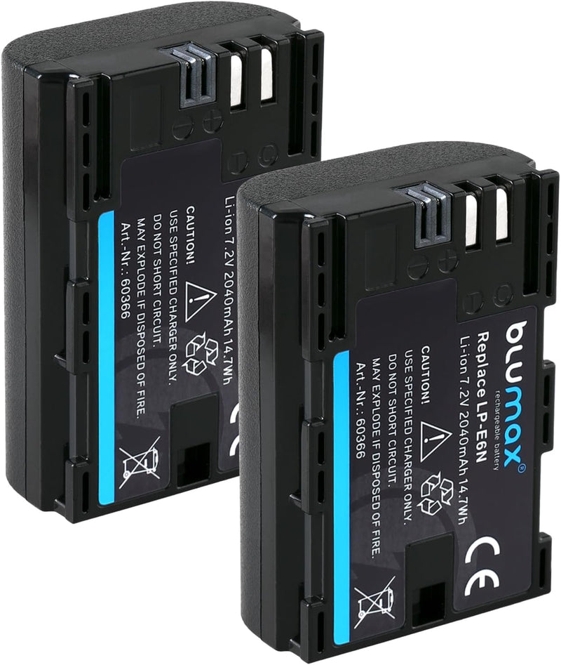 Blumax 2 x Akku kompatibel mit Canon LP-E6N / LP-E6 2040mAh + Dual-Ladegerät | EOS R RA R5 R6, 7D Ma
