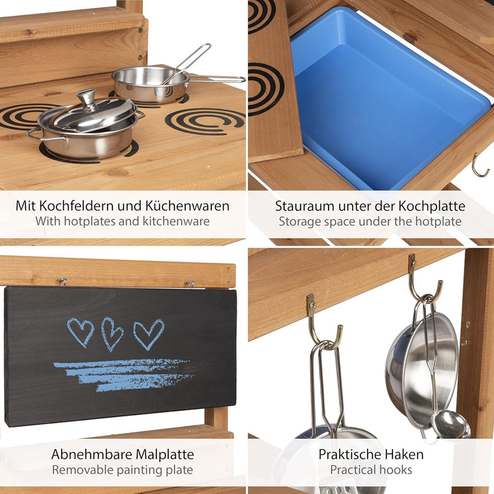 ONVAYA® Matschküche aus Holz | Braun | Outdoor Spielküche mit Waschbecken und schwarzer Tafel | Inkl