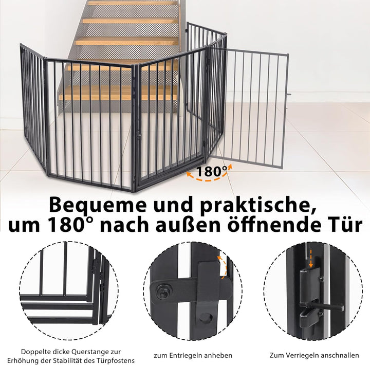 LARS360 Schwarz Kaminschutzgitter inkl. Sicherheitstür aus Metall, 5 Elemente Türschutzgitter Absper