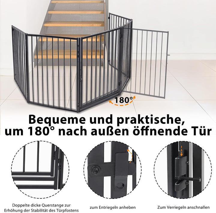 Aufun 5-tlg Metall Kaminschutzgitter mit Tür Schwarz Laufstall 60 x76 cm Kindersicherer Kaminzaun Tü