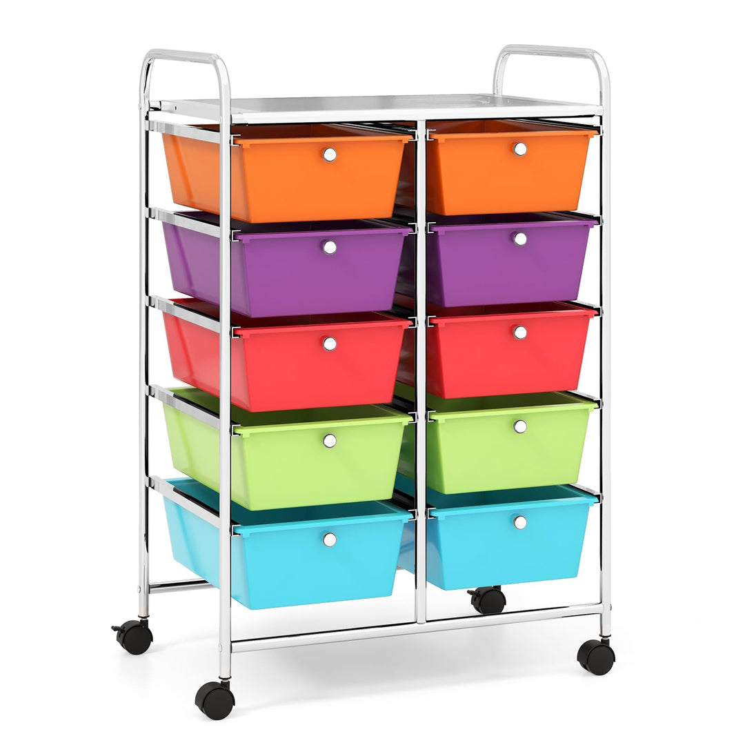 COSTWAY Rollwagen mit 10 stapelbaren Schubladen, Schubladenwagen Rollcontainer mit Metallgestell und