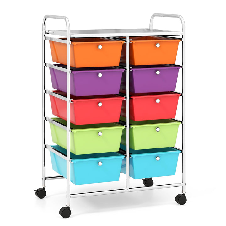 COSTWAY Rollwagen mit 10 stapelbaren Schubladen, Schubladenwagen Rollcontainer mit Metallgestell und