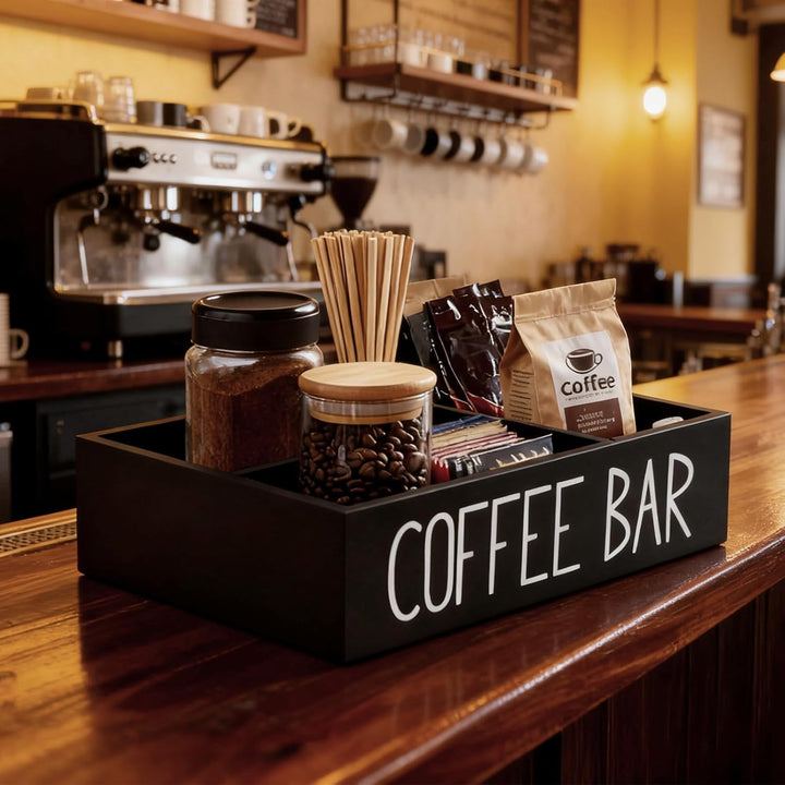 Kaffee Spender Organizer,Veranstalter mit 4 Abnehmbar Fächer,Dekorative Aufbewahrungsbox aus Holz fü