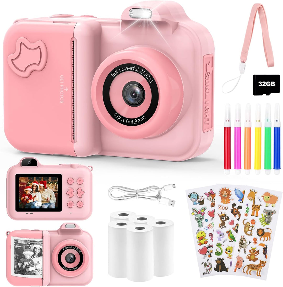 Sofortbildkamera Kinder, 24MP 2.4 Zoll Bildschirm Kinderkamera Sofortbildkamera mit Selfie, 32G Kart