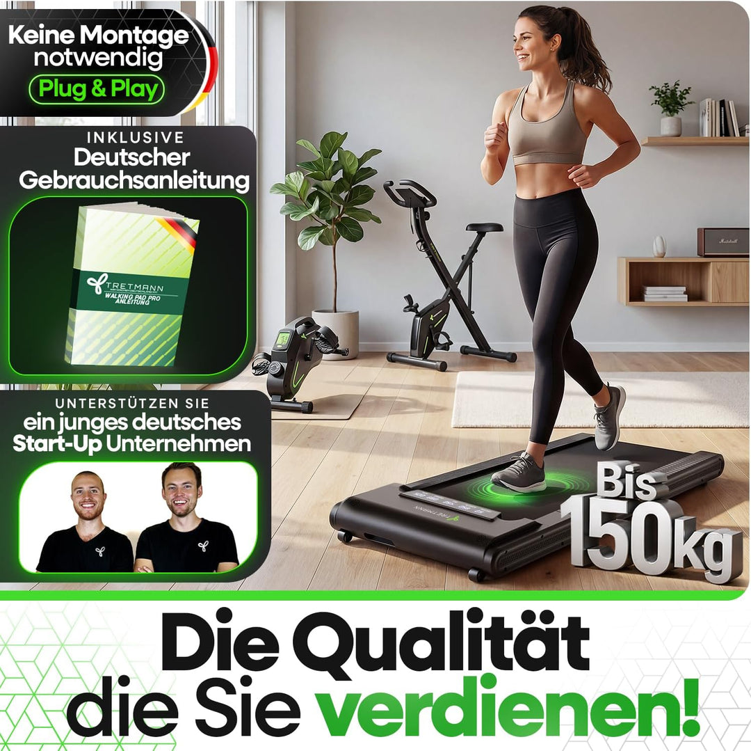 NEU Tretmann Walking Pad mit Steigung klappbar – extra leise [LongLife Laufdeck] mit App bis 150 kg