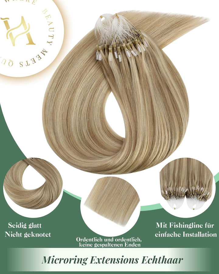 Ugeat Microring Extensions Echthaar Goldblond 35cm Micro Extensions Echthaar Microring Blond Highlig