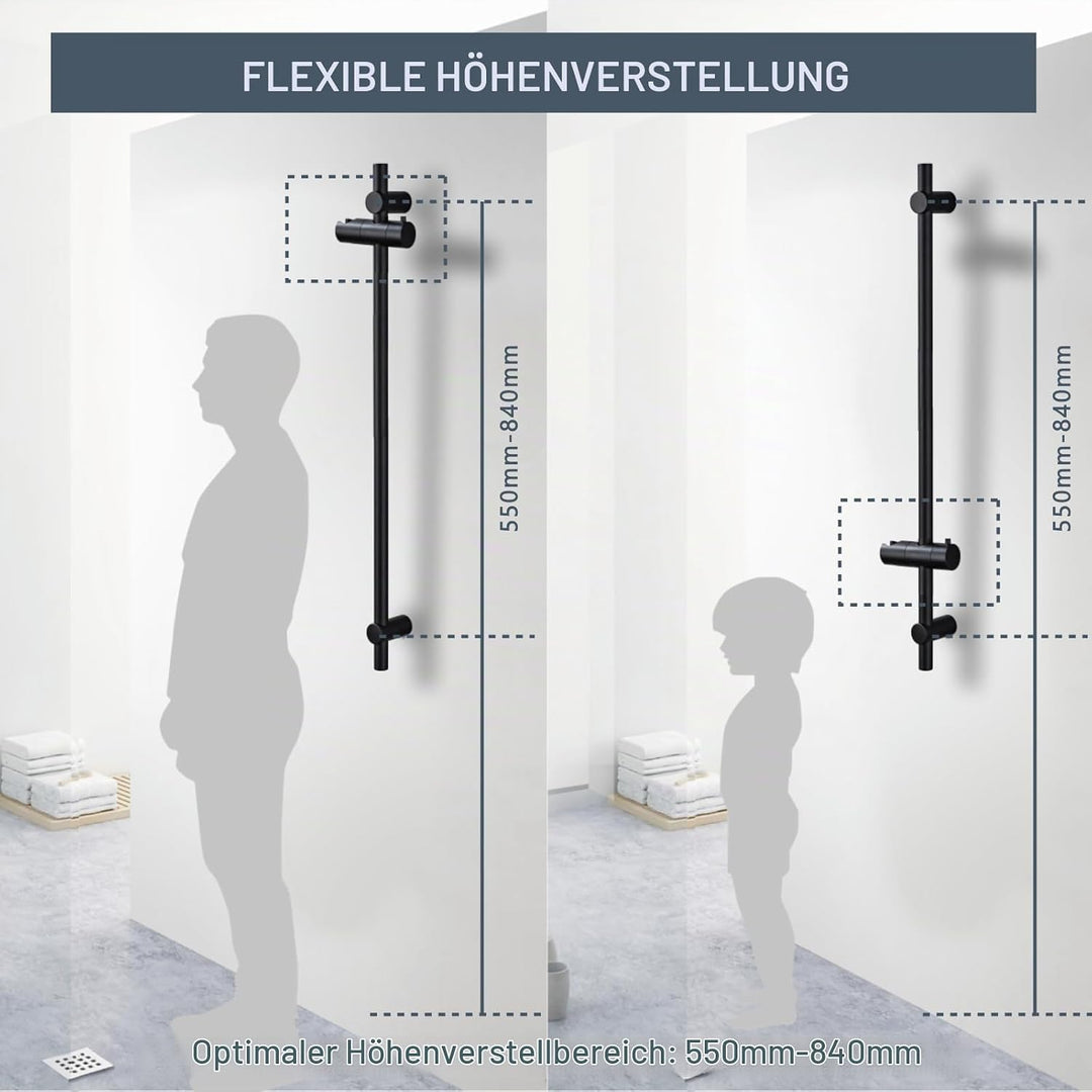 DETBOM Duschstange Schwarz 90cm, Edelstahl Brausestange mit Duschkopfhalterung 360°Drehbar,Duschstan