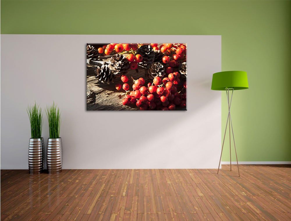 Pixxprint Vogelbeeren und Tannenzapfen als Leinwandbild/Grösse: 100x70 / Wandbild/Kunstdruck/fertig