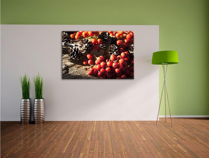 Pixxprint Vogelbeeren und Tannenzapfen als Leinwandbild/Grösse: 100x70 / Wandbild/Kunstdruck/fertig