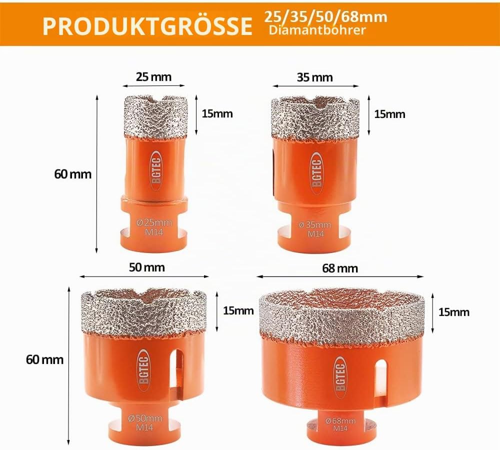 BGTEC Diamant Fliesenbohrer - 4 stücke 25/35/50/68MM Diamantbohrer Lochsäge mit M14 Gewinde für Flie