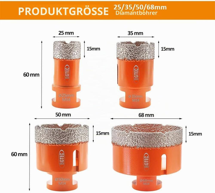 BGTEC Diamant Fliesenbohrer - 4 stücke 25/35/50/68MM Diamantbohrer Lochsäge mit M14 Gewinde für Flie