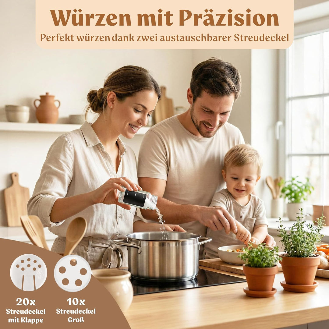 EDELHAUS Gewürzgläser Eckig Set mit Plastikdeckel (24 x 120ml) Gewürzstreuer mit Streueinsatz und 24