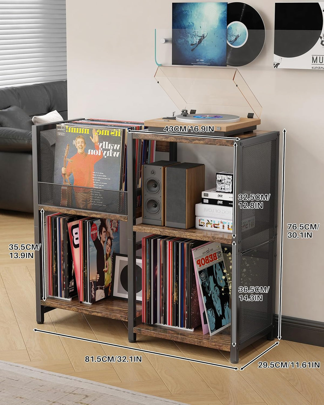 Plattenspieler-Ständer mit Stauraum für Vinylplatten, Vinyl Aufbewahrung Metall Regal bis zu 200+ Al