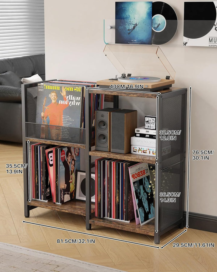 Plattenspieler-Ständer mit Stauraum für Vinylplatten, Vinyl Aufbewahrung Metall Regal bis zu 200+ Al