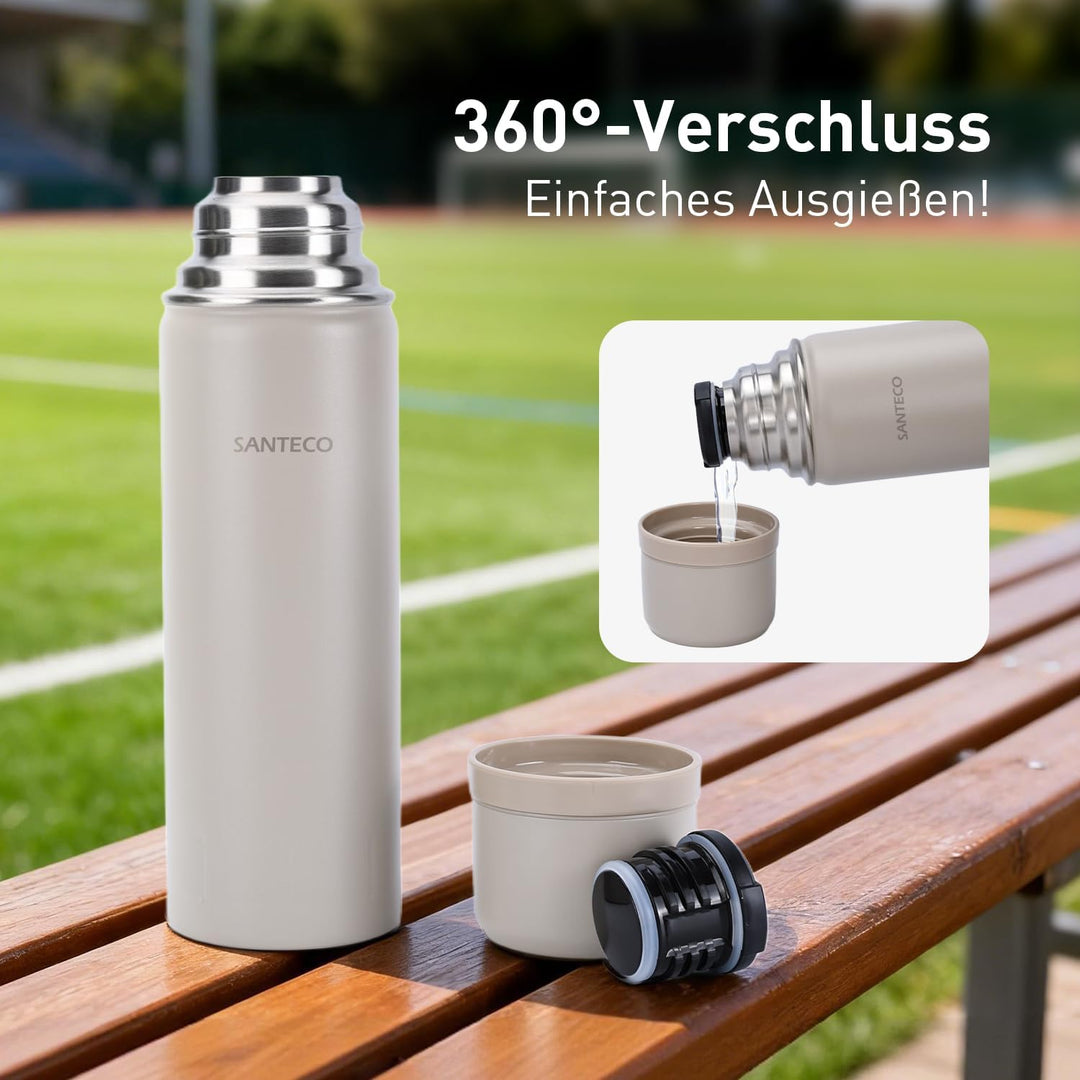 SANTECO Thermoskanne Thermosflasche Edelstahl 1l, 500ml, Auslaufsicher Isolierflasche mit Trinkbeche