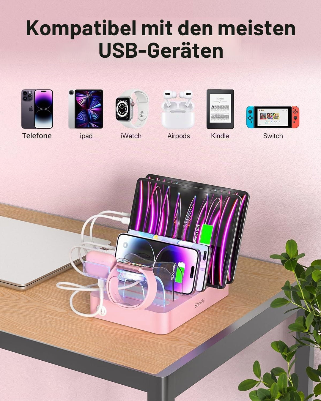 SooPii USB-Ladestation Organizer für mehrere Geräte, 6 Ports 50W Ladestation mit 6 Kabeln und aktual