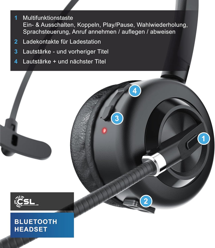 CSL - Bluetooth 5.3 Headset mit Ladestation - PC Headset mit flexiblem Mikrofon - Multipoint - kabel