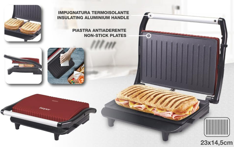 BEPER P101TOS002 Toaster Sandwichmaker, 850W, Antihaftplatte, Wärmeisolierender Griff, Rot