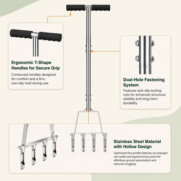 Rasenlüfter Aerifiziergabel 4 Hohlspoon aus Edelstahl, Manueller Rasenbelüfter, Aerifizierer für Ras